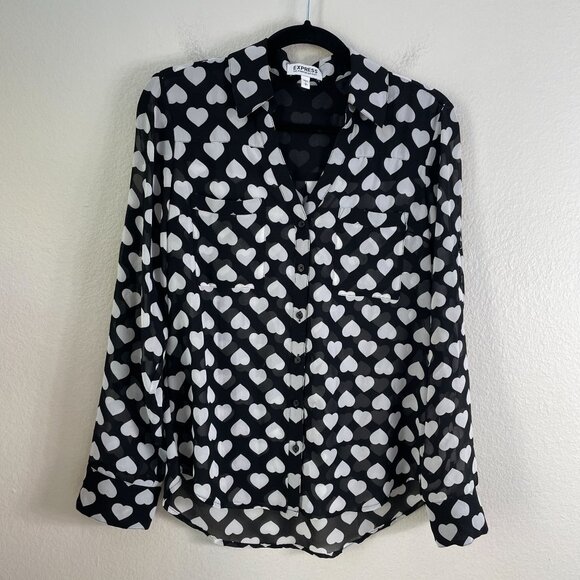 Express Portofino Shirt Womens Small Black White Heart Roll Tab Sleeve Blouse - Picture 1 of 8